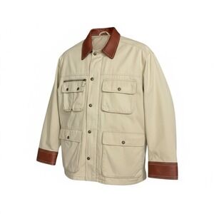 Beige Cotton Canvas Safari Field Barn Jacket Leather Trim Khaki Utility Coat